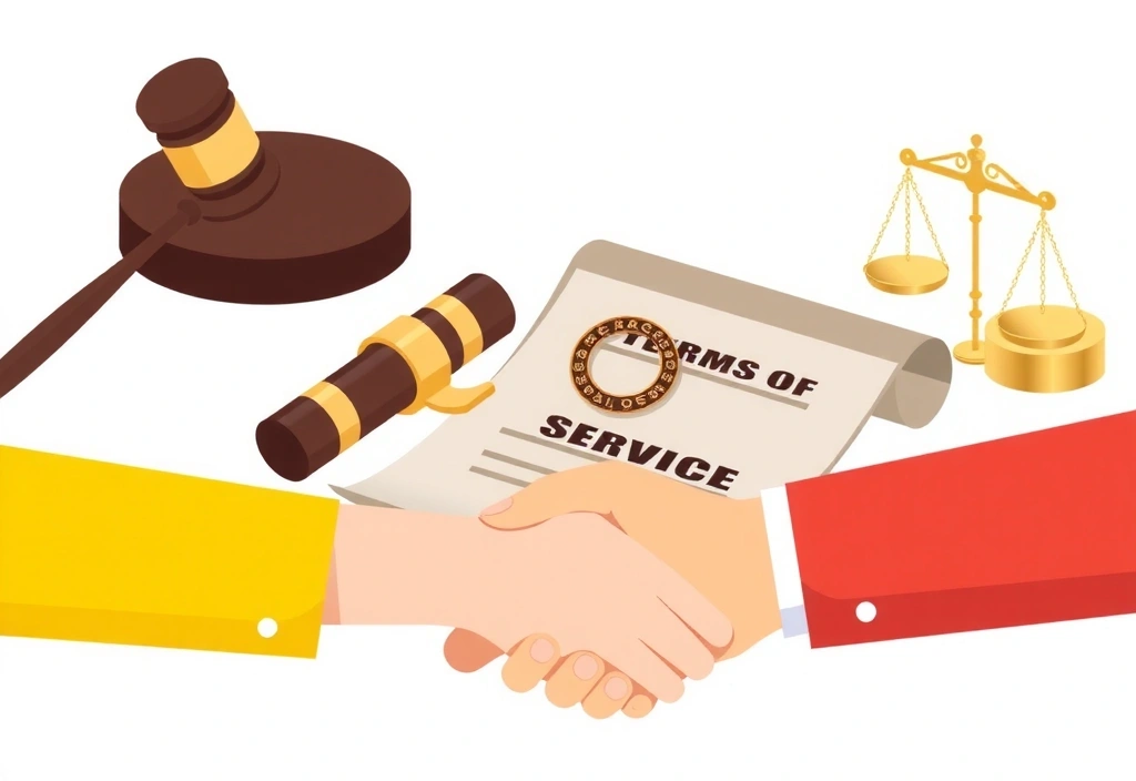 Illustration des Conditions Générales d'Utilisation avec des symboles légaux et des mains se serrant