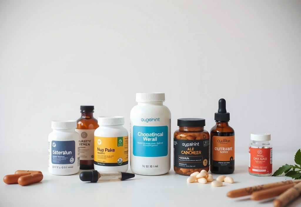 Variété de produits naturels et compléments alimentaires sur un fond clair