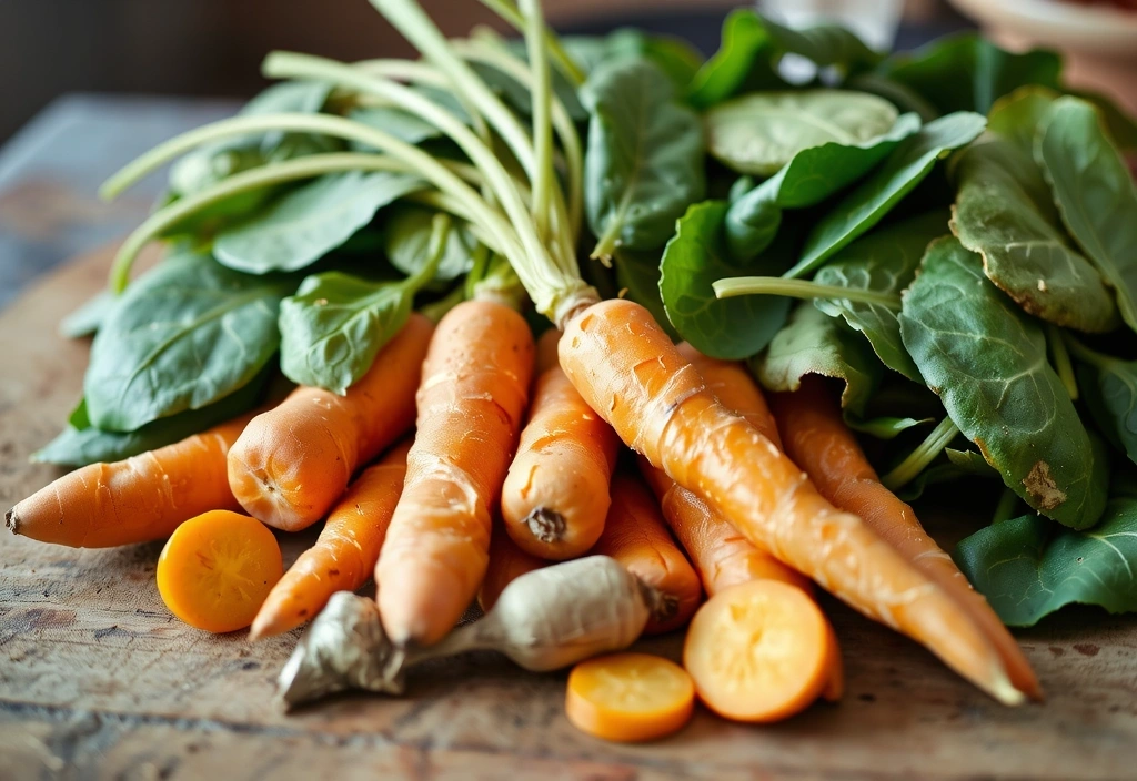Assortiment de carottes, patates douces et épinards, riches en vitamine A, disposés sur une planche en bois rustique.